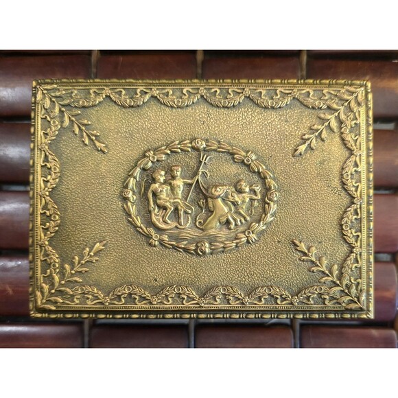 Antique Repousse Ornate Bronze Box Classical Posidon Hippocampus Triton Design - Picture 2 of 8